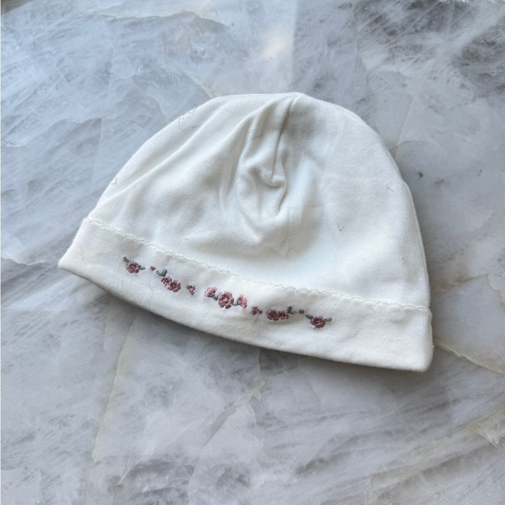 Edgehill Collection White Beanie with Pink Floral Design